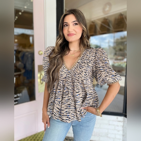Hunter Bell NYC Mia Puff-Sleeve Lace-Trim Printed Blouse